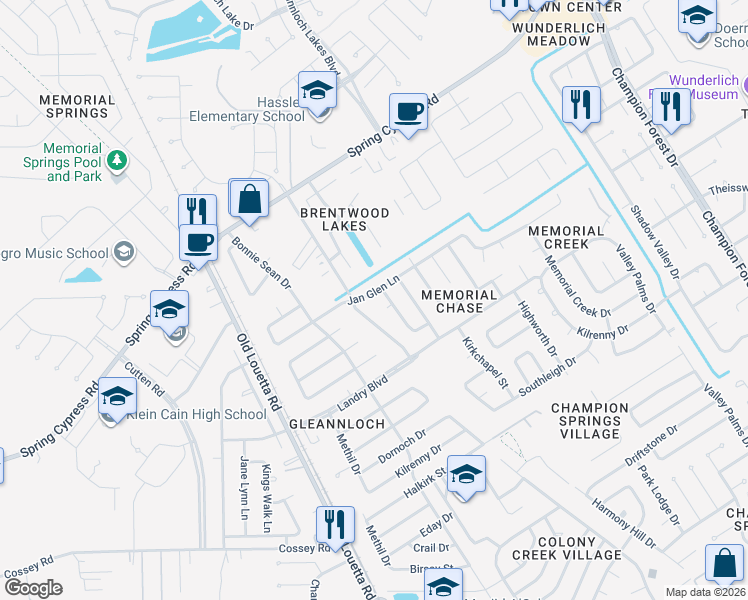 map of restaurants, bars, coffee shops, grocery stores, and more near 9411 Jan Glen Lane in Spring