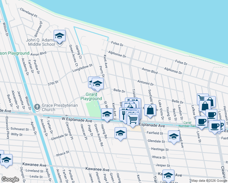 map of restaurants, bars, coffee shops, grocery stores, and more near 5136 Belle Drive in Metairie