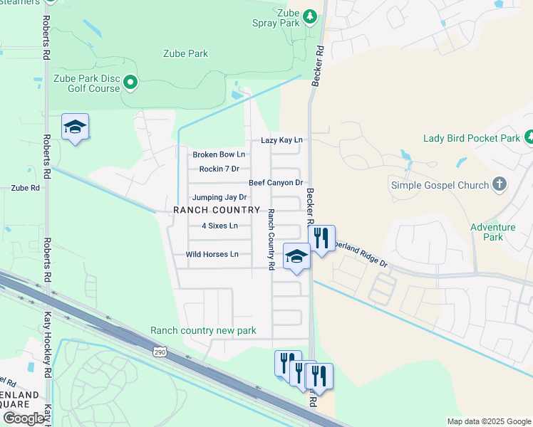 map of restaurants, bars, coffee shops, grocery stores, and more near 17425 Ranch Country Road in Hockley