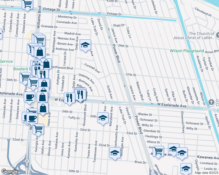 map of restaurants, bars, coffee shops, grocery stores, and more near 22 Schill Avenue in Kenner