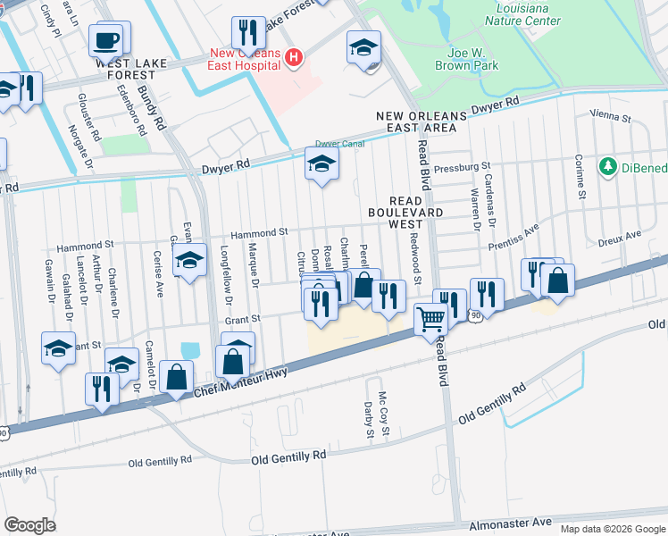 map of restaurants, bars, coffee shops, grocery stores, and more near 4719 Rosalia Drive in New Orleans