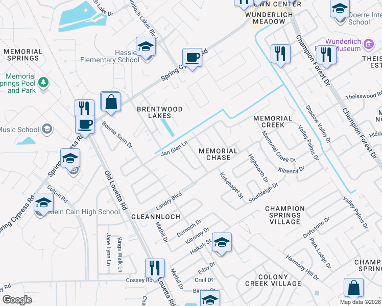 map of restaurants, bars, coffee shops, grocery stores, and more near 17315 Modbury Drive in Spring