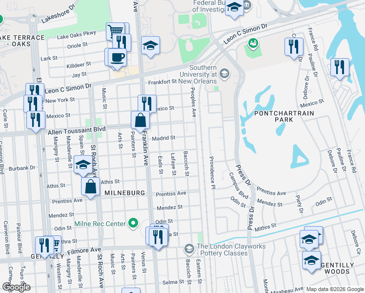 map of restaurants, bars, coffee shops, grocery stores, and more near 6013 Baccich Street in New Orleans