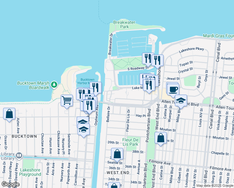 map of restaurants, bars, coffee shops, grocery stores, and more near 343 West Robert E Lee Boulevard in New Orleans
