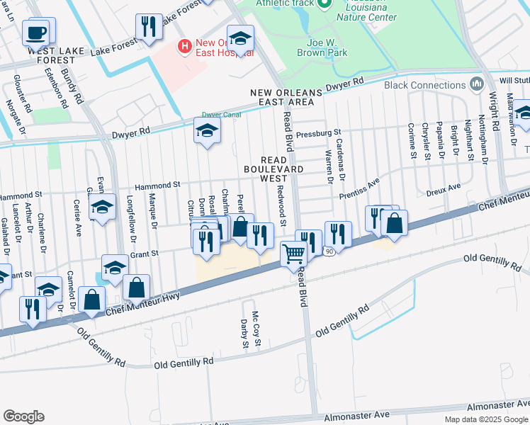map of restaurants, bars, coffee shops, grocery stores, and more near 4658 Sandalwood Street in New Orleans