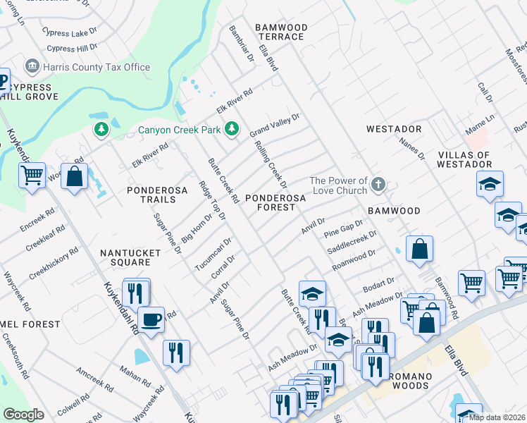 map of restaurants, bars, coffee shops, grocery stores, and more near 1711 Wagon Gap Trail in Houston