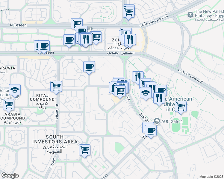 map of restaurants, bars, coffee shops, grocery stores, and more near in New Cairo 1