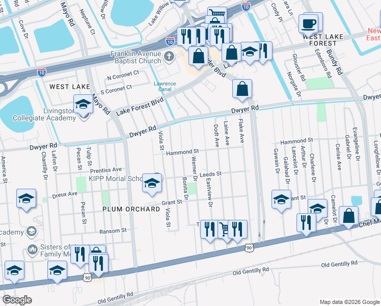 map of restaurants, bars, coffee shops, grocery stores, and more near 4774 Werner Drive in New Orleans