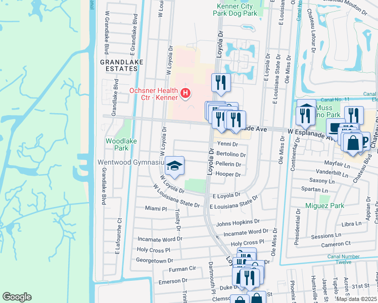 map of restaurants, bars, coffee shops, grocery stores, and more near 325 Bertolino Drive in Kenner