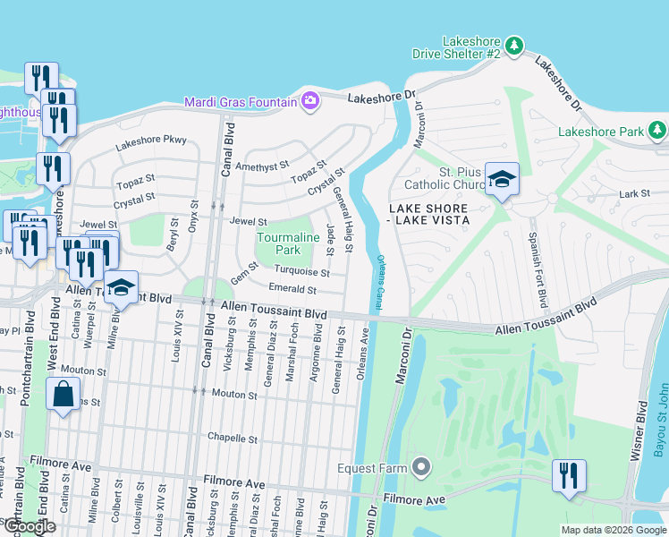 map of restaurants, bars, coffee shops, grocery stores, and more near 7311 Jade Street in New Orleans