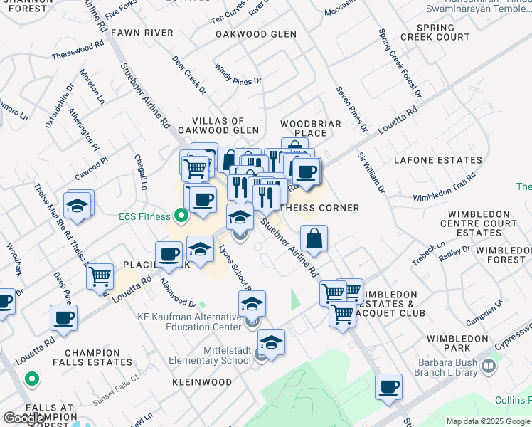 map of restaurants, bars, coffee shops, grocery stores, and more near 16702 Stuebner Airline Rd in Spring