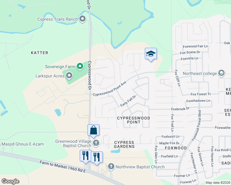 map of restaurants, bars, coffee shops, grocery stores, and more near 20831 Dappled Ridge Way in Humble
