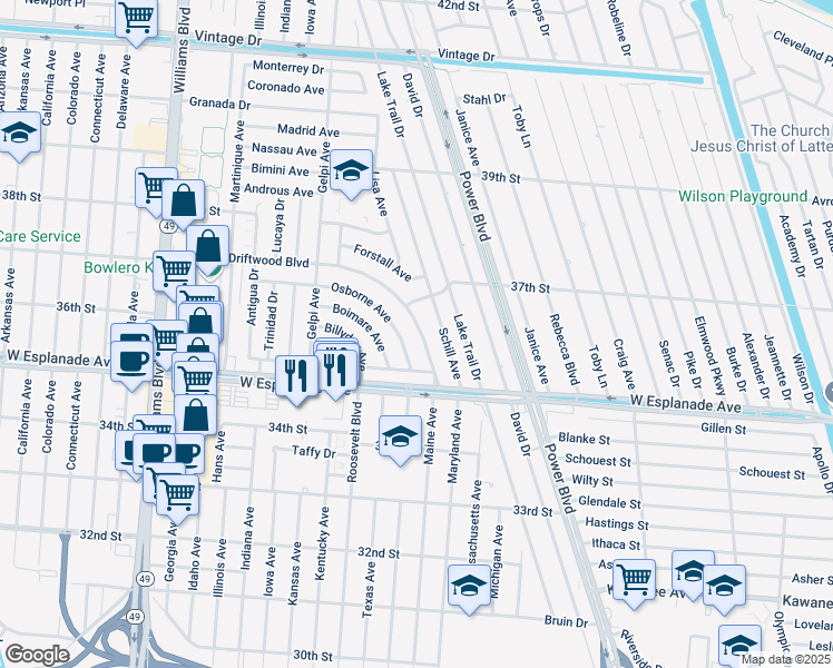 map of restaurants, bars, coffee shops, grocery stores, and more near 17 Driftwood Boulevard in Kenner