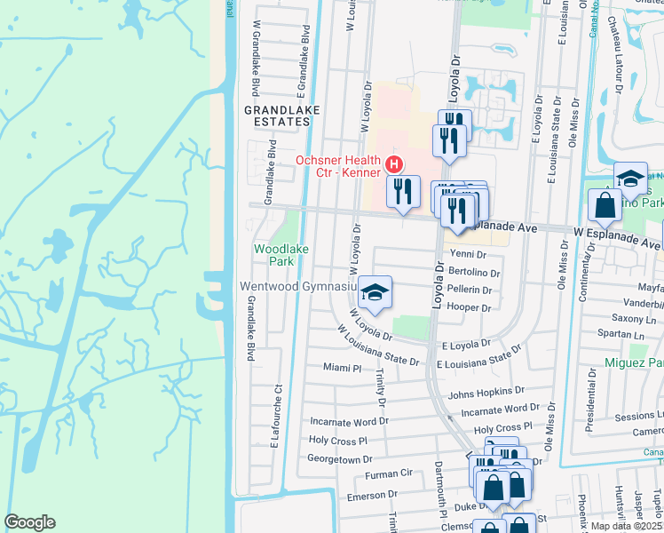 map of restaurants, bars, coffee shops, grocery stores, and more near 3400 West Louisiana State Drive in Kenner