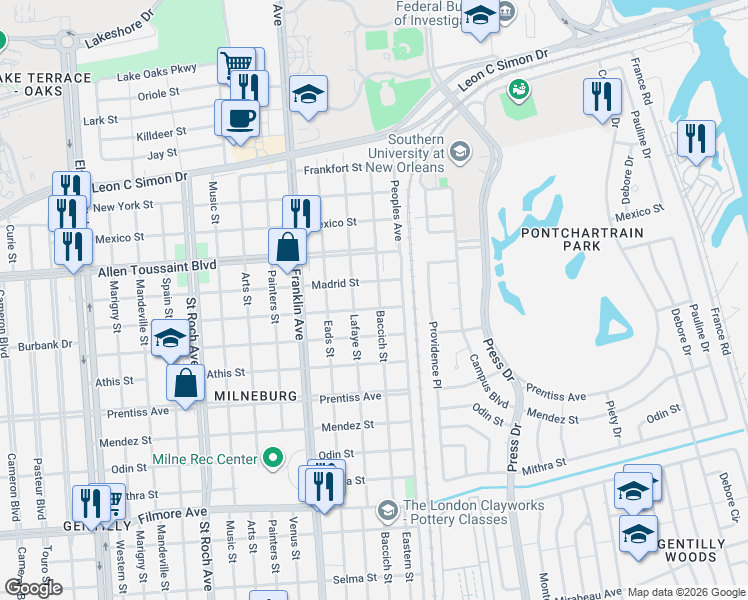 map of restaurants, bars, coffee shops, grocery stores, and more near 6013 Baccich Street in New Orleans
