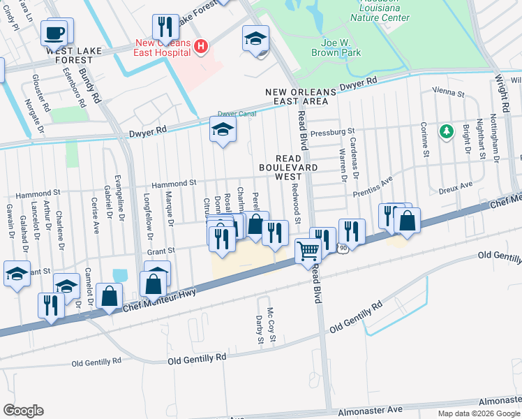 map of restaurants, bars, coffee shops, grocery stores, and more near 4665 Perelli Drive in New Orleans