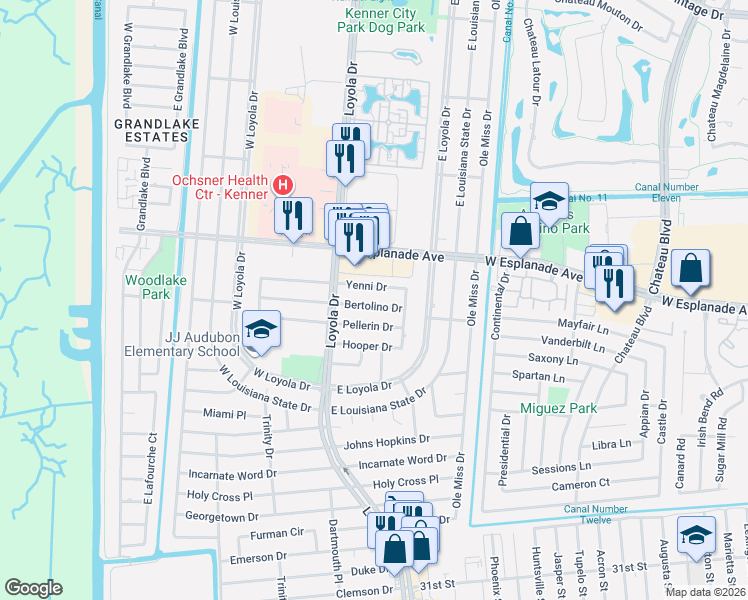 map of restaurants, bars, coffee shops, grocery stores, and more near 420 Bertolino Drive in Kenner