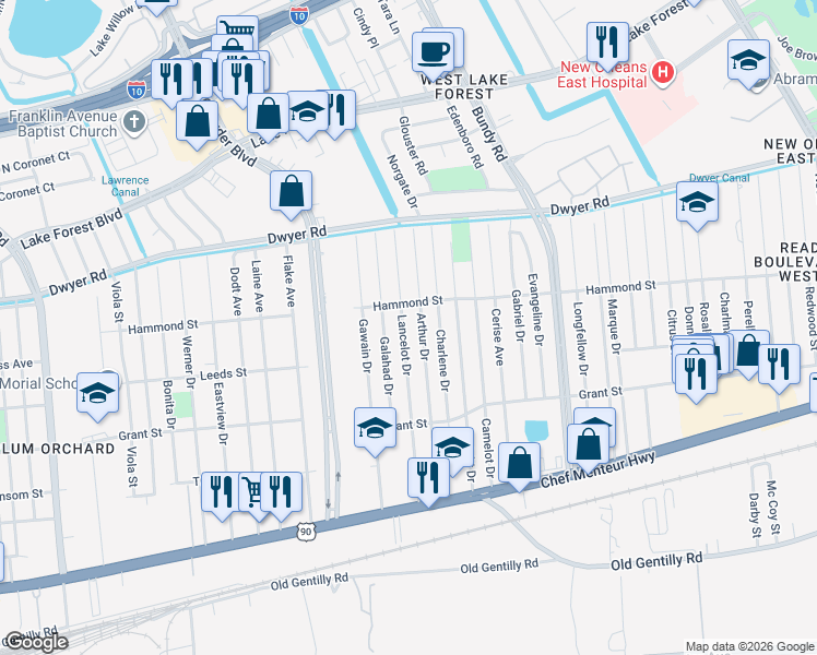 map of restaurants, bars, coffee shops, grocery stores, and more near 4759 Lancelot Dr in New Orleans