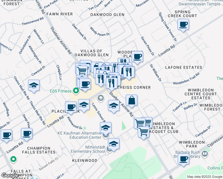 map of restaurants, bars, coffee shops, grocery stores, and more near 16702 Stuebner Airline Road in Spring
