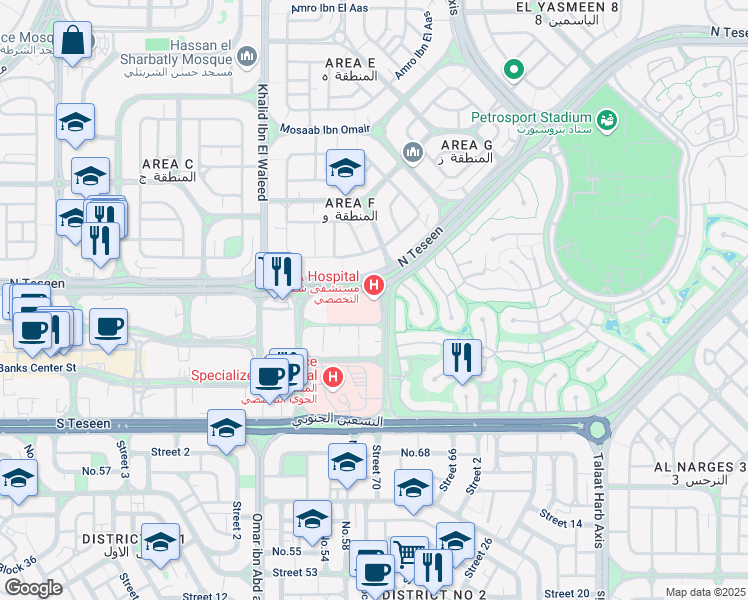 map of restaurants, bars, coffee shops, grocery stores, and more near شارع North Teseen in New Cairo 1