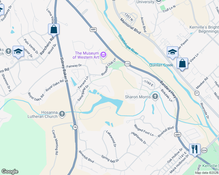 map of restaurants, bars, coffee shops, grocery stores, and more near 542 Fairway Dr in Kerrville