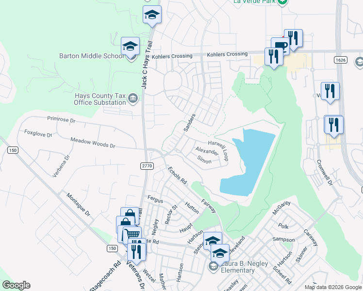 map of restaurants, bars, coffee shops, grocery stores, and more near 1624 Sanders in Kyle