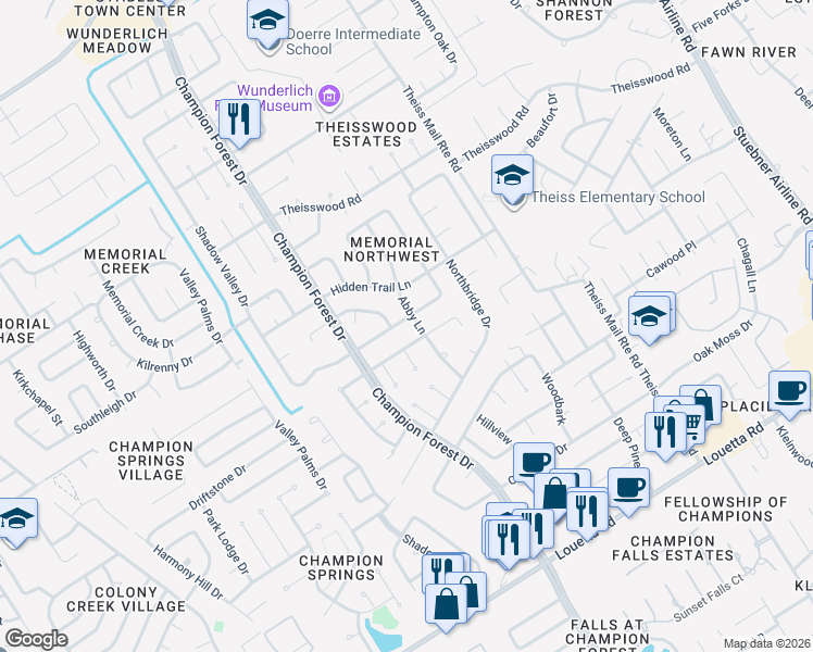 map of restaurants, bars, coffee shops, grocery stores, and more near 8207 Pheasant Glen Drive in Spring