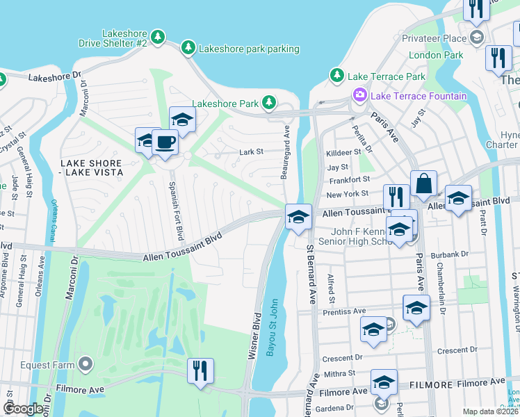 map of restaurants, bars, coffee shops, grocery stores, and more near 1171 Robert E Lee Blvd in New Orleans