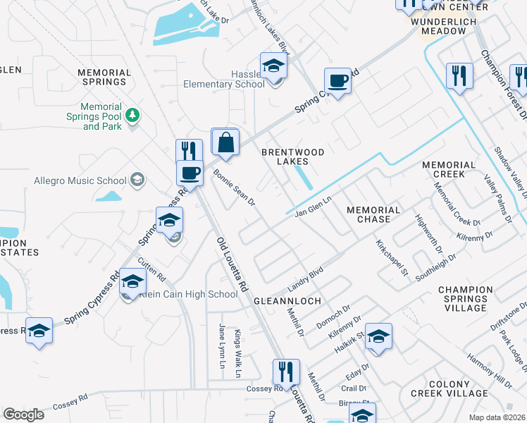 map of restaurants, bars, coffee shops, grocery stores, and more near 17422 Bonnie Sean Drive in Spring