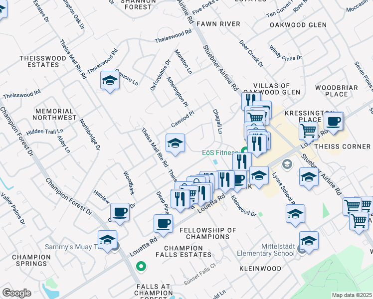 map of restaurants, bars, coffee shops, grocery stores, and more near 7707 Day Hill Drive in Spring