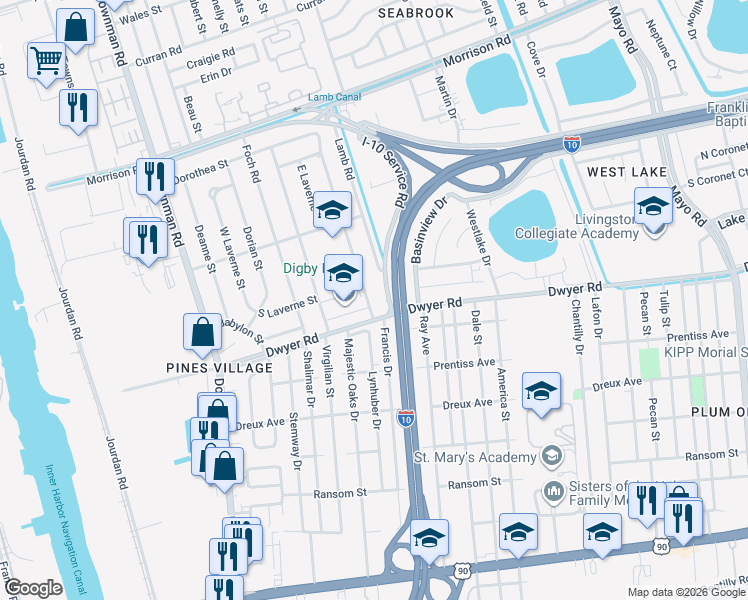 map of restaurants, bars, coffee shops, grocery stores, and more near 6527 East Hermes Street in New Orleans