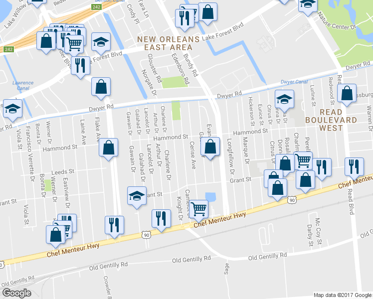 map of restaurants, bars, coffee shops, grocery stores, and more near 4741 Camelot Drive in New Orleans