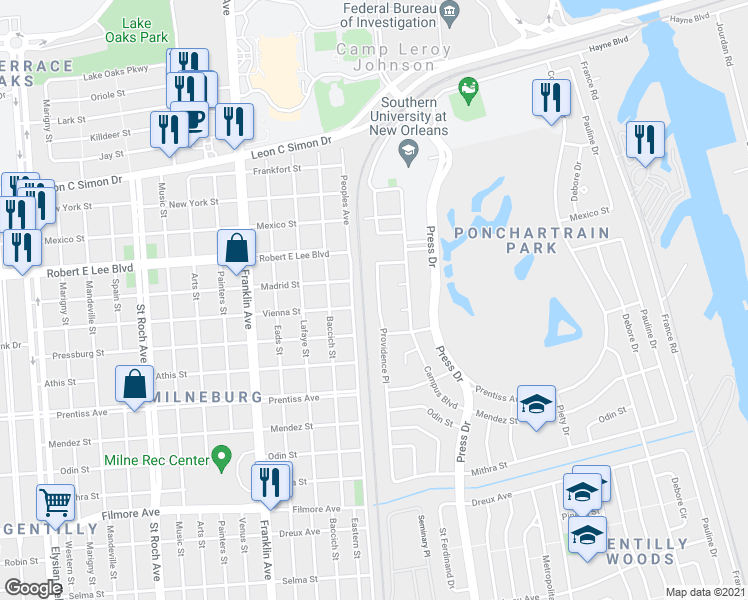 map of restaurants, bars, coffee shops, grocery stores, and more near 5960 Providence Place in New Orleans