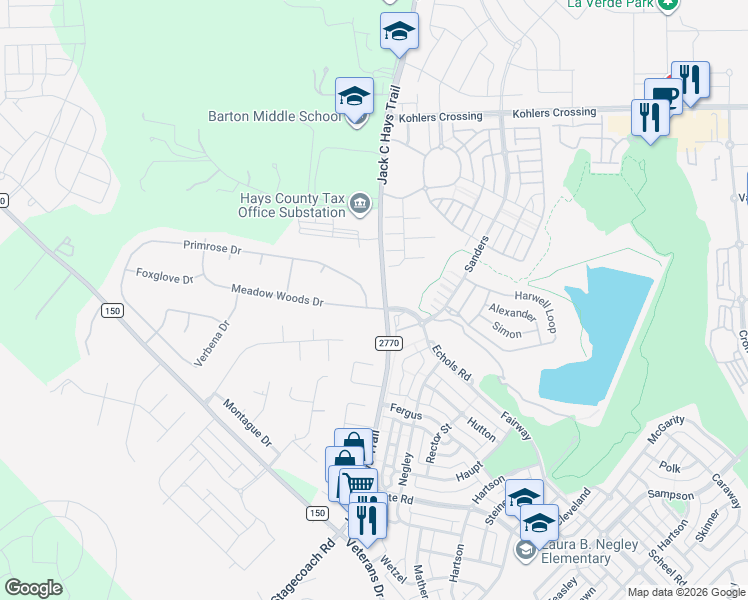 map of restaurants, bars, coffee shops, grocery stores, and more near 100 Primrose Drive in Kyle