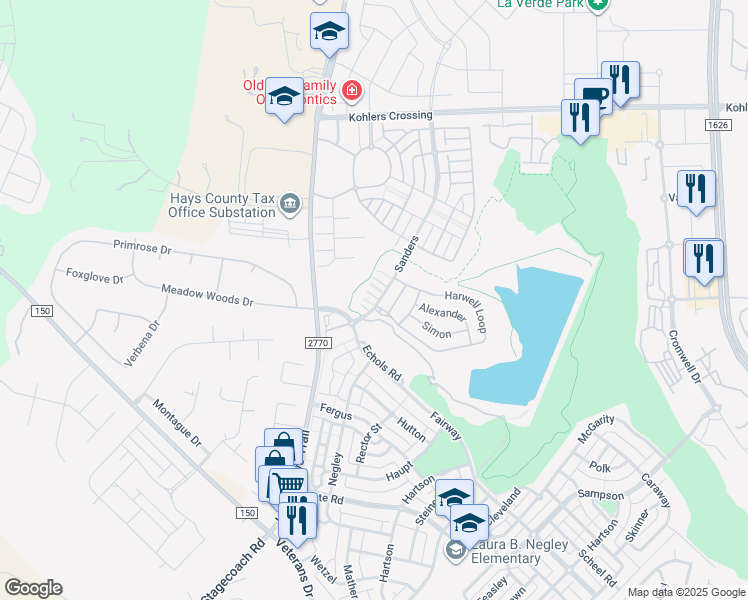 map of restaurants, bars, coffee shops, grocery stores, and more near 1624 Sanders in Kyle