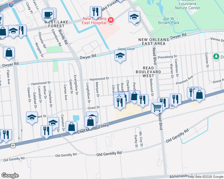 map of restaurants, bars, coffee shops, grocery stores, and more near 4727 Citrus Drive in New Orleans