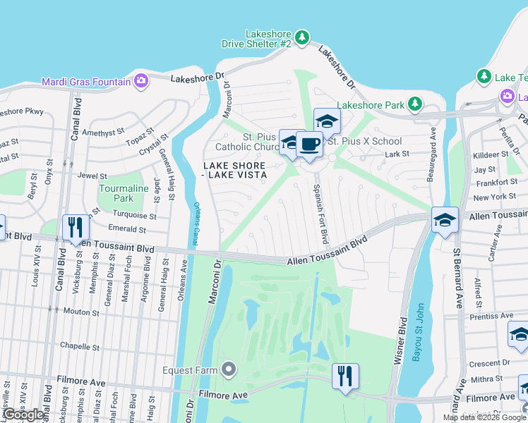 map of restaurants, bars, coffee shops, grocery stores, and more near 55 Hawk Street in New Orleans