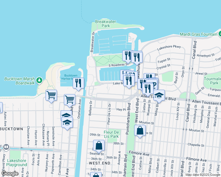 map of restaurants, bars, coffee shops, grocery stores, and more near 251 West Robert E Lee Boulevard in New Orleans