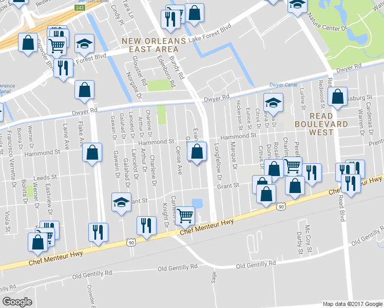 map of restaurants, bars, coffee shops, grocery stores, and more near 4727 Gabriel Drive in New Orleans