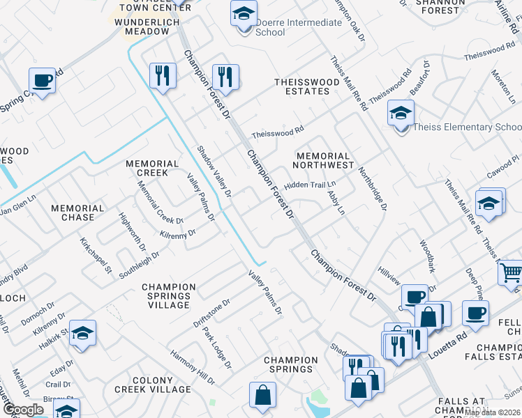 map of restaurants, bars, coffee shops, grocery stores, and more near 8409 Hidden Trail Lane in Spring