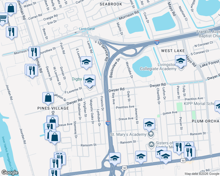 map of restaurants, bars, coffee shops, grocery stores, and more near 5008 Basinview Drive in New Orleans