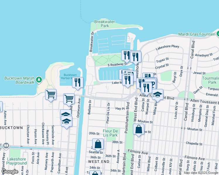 map of restaurants, bars, coffee shops, grocery stores, and more near 251 West Robert E Lee Boulevard in New Orleans
