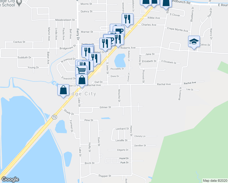map of restaurants, bars, coffee shops, grocery stores, and more near 260 Rachal Avenue in Bridge City