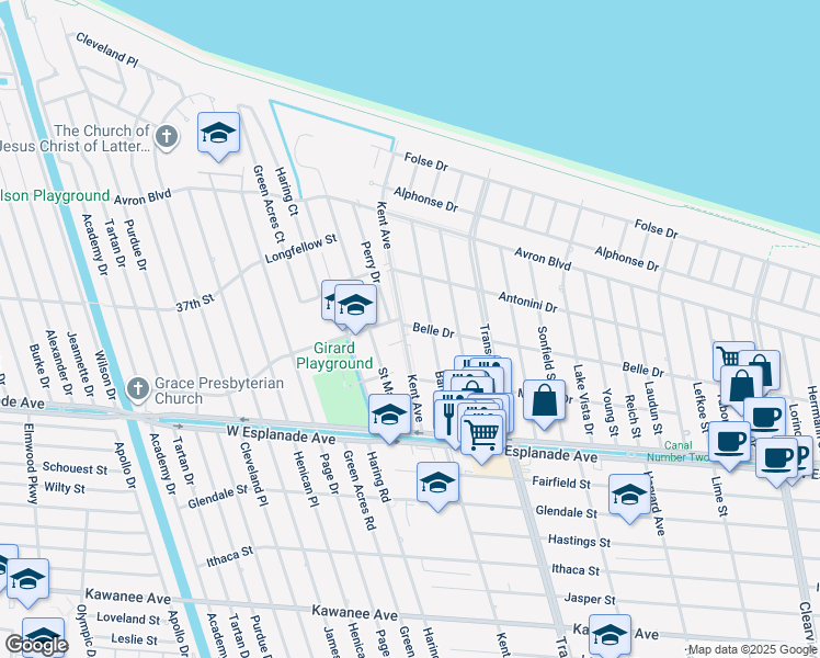 map of restaurants, bars, coffee shops, grocery stores, and more near 5136 Belle Drive in Metairie