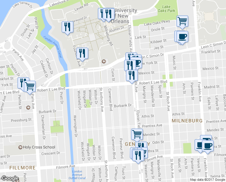 map of restaurants, bars, coffee shops, grocery stores, and more near 6049 Cameron Boulevard in New Orleans