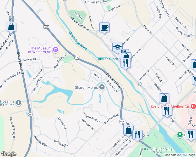 map of restaurants, bars, coffee shops, grocery stores, and more near 510 Rolling Green Dr in Kerrville