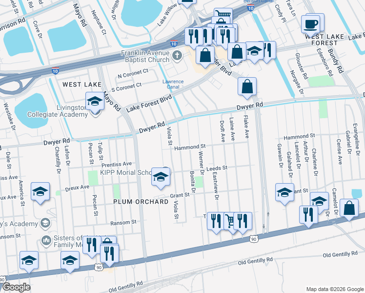 map of restaurants, bars, coffee shops, grocery stores, and more near 4801 Francisco Verrette Drive in New Orleans