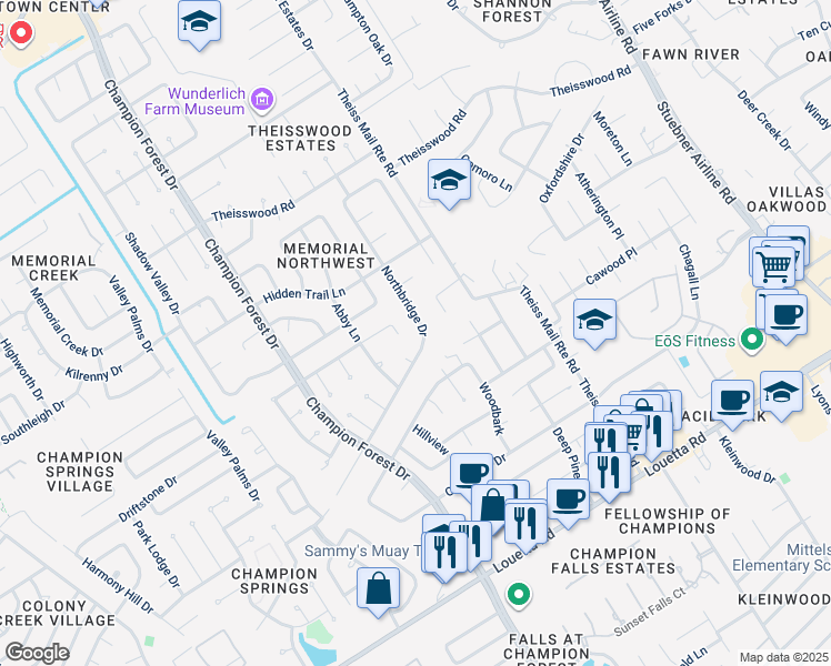 map of restaurants, bars, coffee shops, grocery stores, and more near 8022 Northbridge Drive in Spring