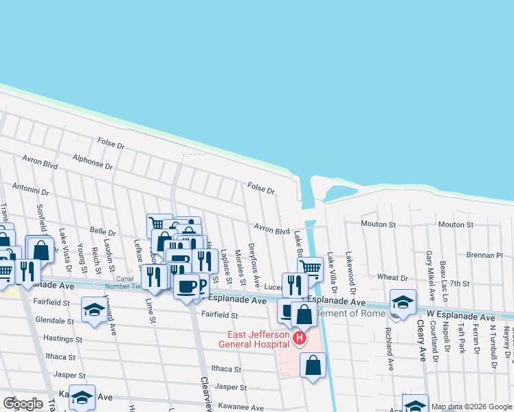 map of restaurants, bars, coffee shops, grocery stores, and more near 4404 Alphonse Drive in Metairie