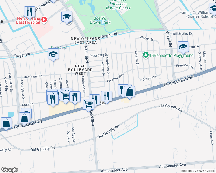 map of restaurants, bars, coffee shops, grocery stores, and more near 4626 Cardenas Drive in New Orleans